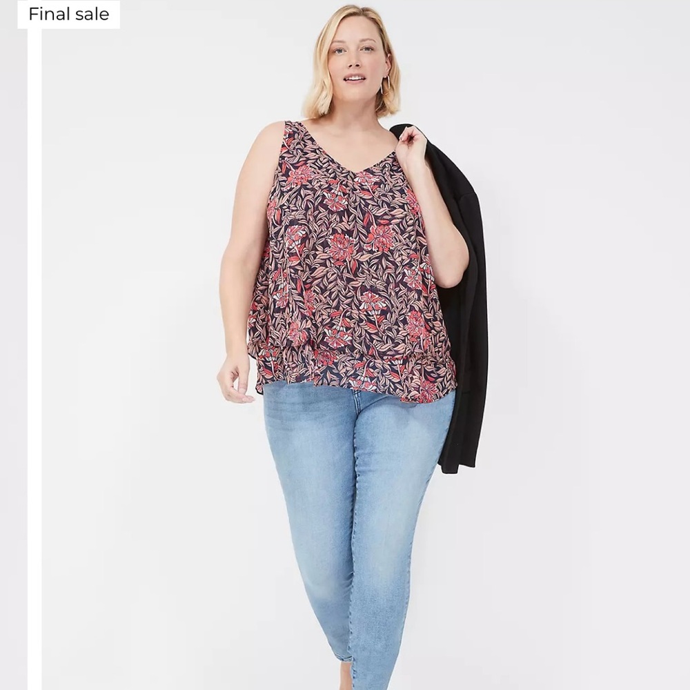 Lane Bryant Swing Double-Layer Chiffon Tank Size 28 Long Pink Floral V-neck Airy